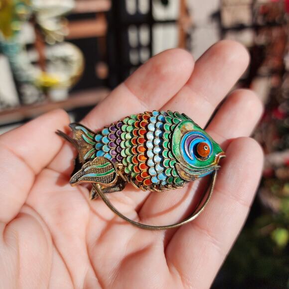 Vtg Old Chinese Export Fish Figurine Sterling Silver Gilt Cloisonne Articulated - Picture 13 of 16